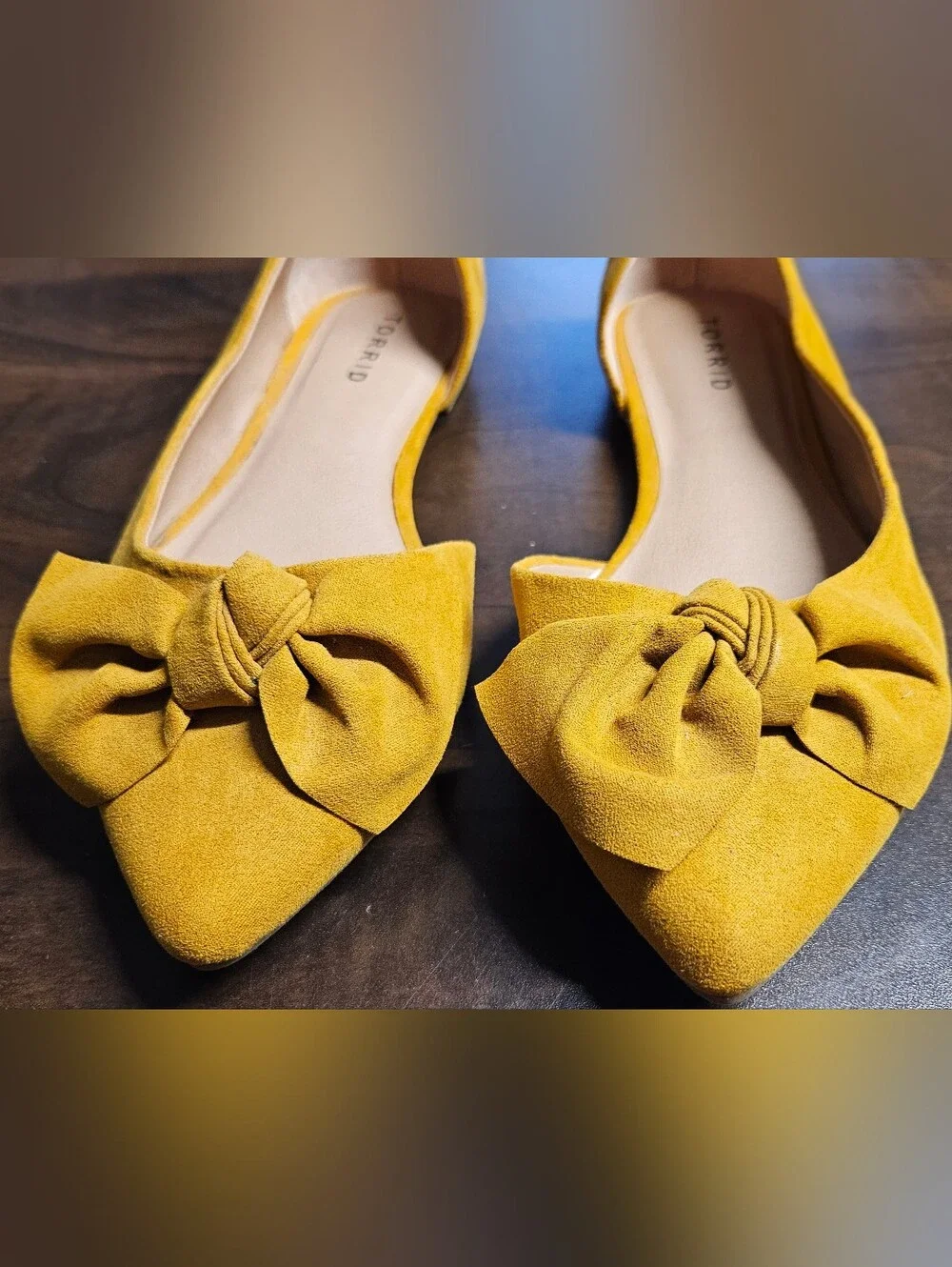 Torrid 8W Mustard Yellow Suede Bow Pointed Toe Flats